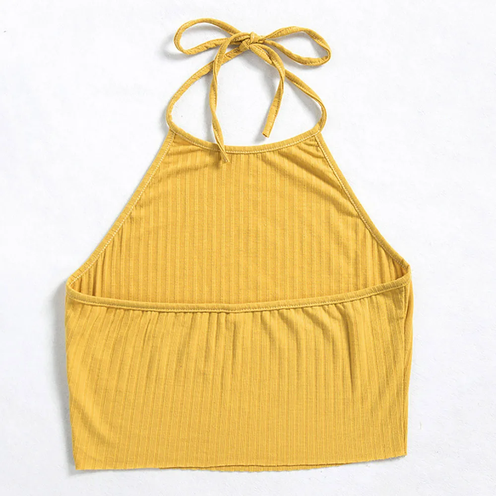 Женский сексуальный топ на бретельках без рукавов, повседневный однотонный короткий топ с круглым вырезом, летняя модная футболка, желтый короткий топ 0120