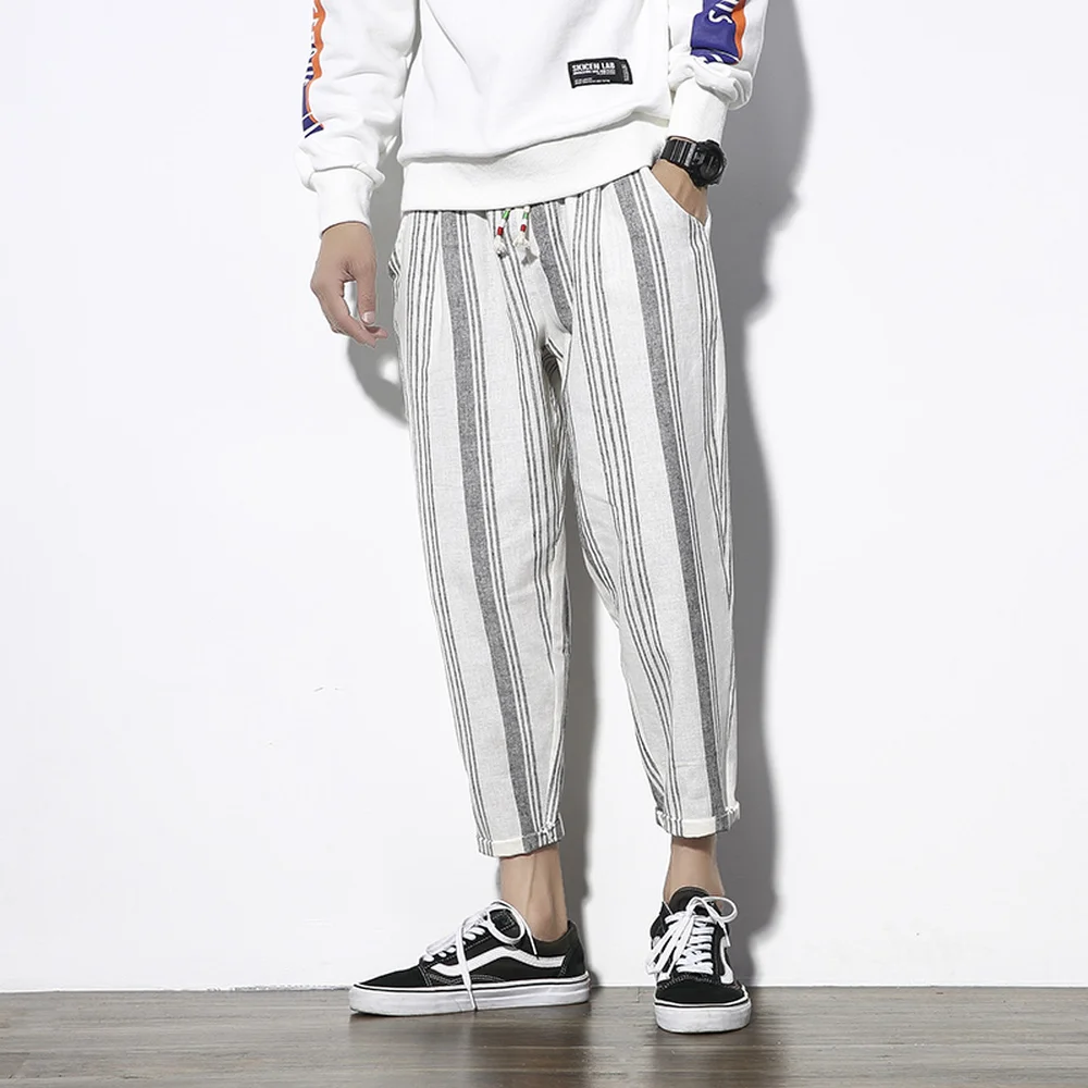 Men Pants Striped Trousers Ankle Length Pants Loose Mid Waist For Man Chinese style Clothes Cuff folded Large Size M-5XL