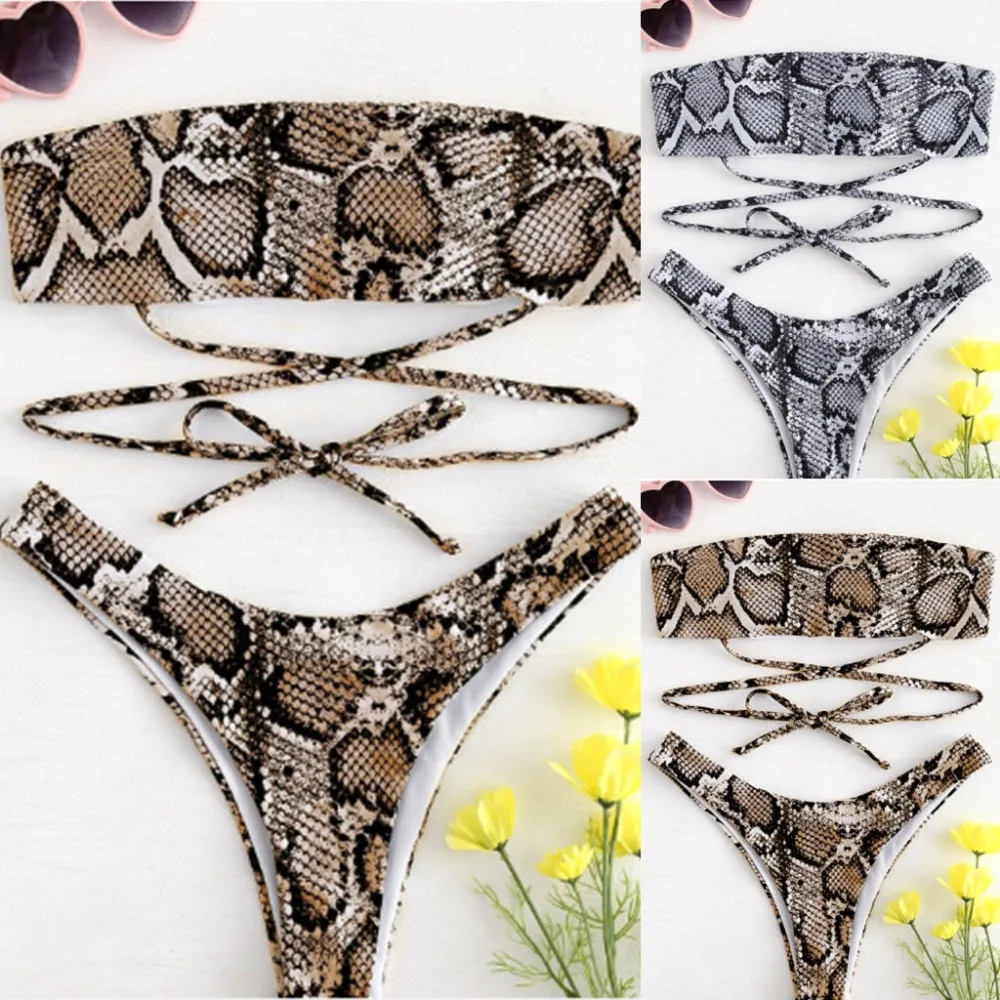 

2019 Sexy Women Swimwear Hot Brazilian Summer Beach Women Snake Skin Pattern Bandage Bikini Set Brazilian Swimwear Beachwear
