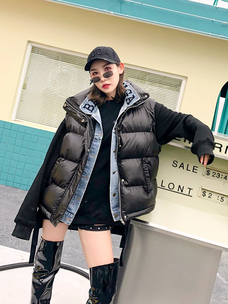 2019 New Letter Embroidery Fake Two-piece Denim Vest Female Winter Loose Warm Cotton Sleeveless Bread Dress Wild