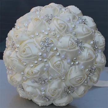 

100% Handmade Pearl Beads Bouquets Ivory Rose Artificial Flowers Bridal Bouquet de Marriage Hand Holding Wedding Bouquet W224-1