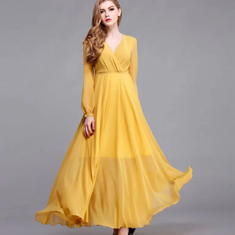Spring Autumn Women Fashion Elegant Long Sleeve Vintage Ankle length Maxi Chiffon Dress Yellow 