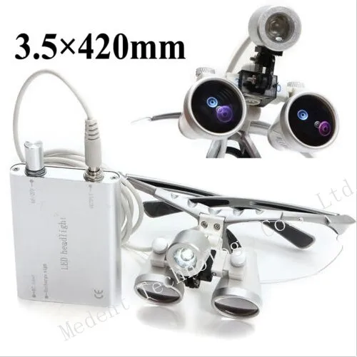 

3.5X420mm Dental magnifier Silver Binocular dental Loupe Optical Glass + Portable LED Head Light Lamp CE/FDA