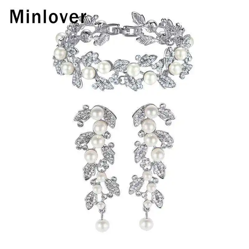 Minlover серебряные цвета листья кристалл серьги браслет свадебные ювелирные наборы