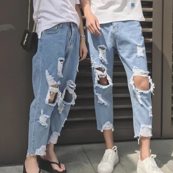 

New Casual Student Pants Handsome Hole Jeans Men's Tide Nine Points Pants Korean version of the trend of the Couple Pants