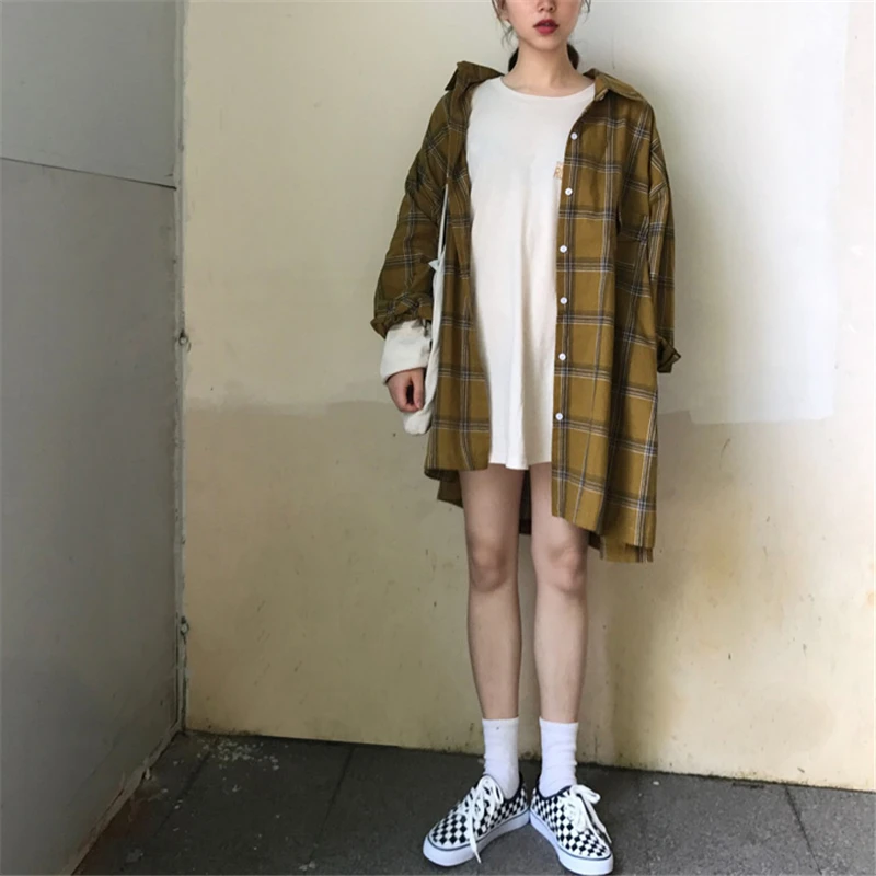 Harajuku Oversized Long Loose Casual Plaid Shirts Women 2019 Spring And Summer Korean Sleeve Blouses Vintage Female Tops |