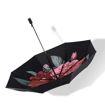 

Three Folding Two colors Creative Camellia Small Fresh Anti-UV Umbrellas Outdoor Vinyl Rubber Handle Woman Umbrellas