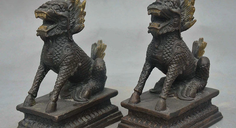 

5" China FengShui Bronze Git Auspicious Beast Sit Kylin Qilin Base Statue Pair
