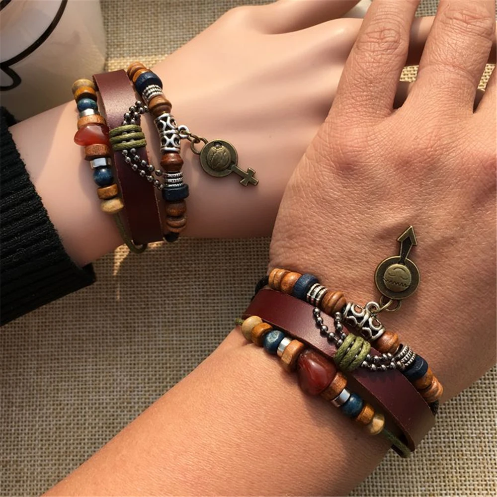 

BRT0080 12Pair/Pack Male&Female Couples Bracelet Leather Vintage Style Bracelet Lover's Bracelets With Bead Gifts for Lovers