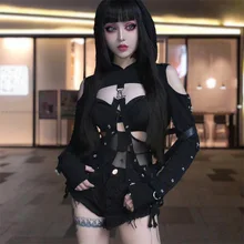 NEW Off Shoulder Black Hoodies Women Long Sleeve Party Gothic Crop Top Streetwear Hole Ribbon Helloween Sexy Sweatshirt