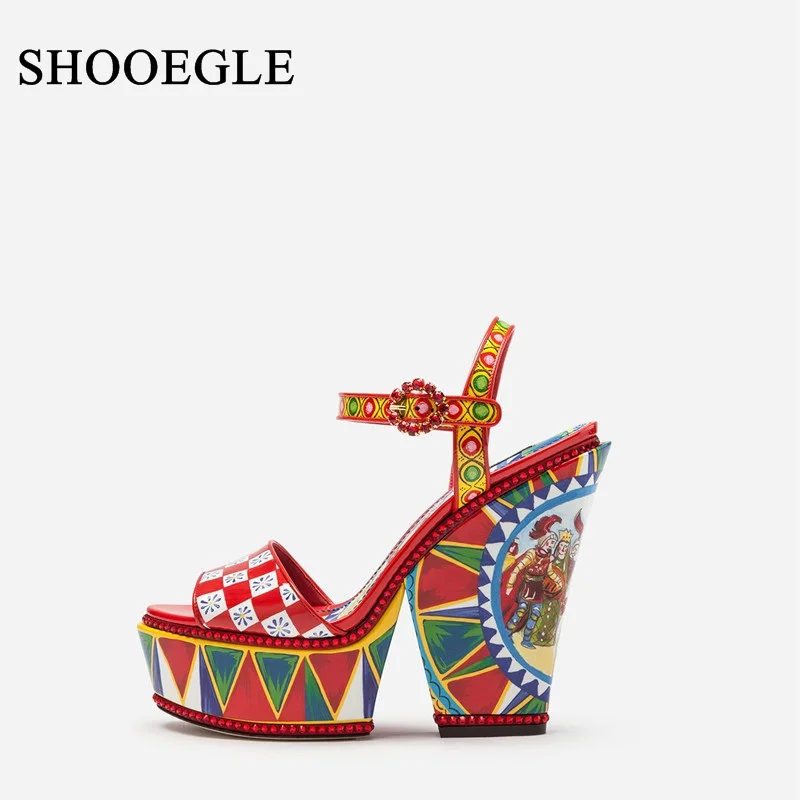 

Newest Colorful Printing High Heel Sandals Woman Patent Leather Platform Sandals Chunky Heel Ankle Strap Women's Summer Shoes