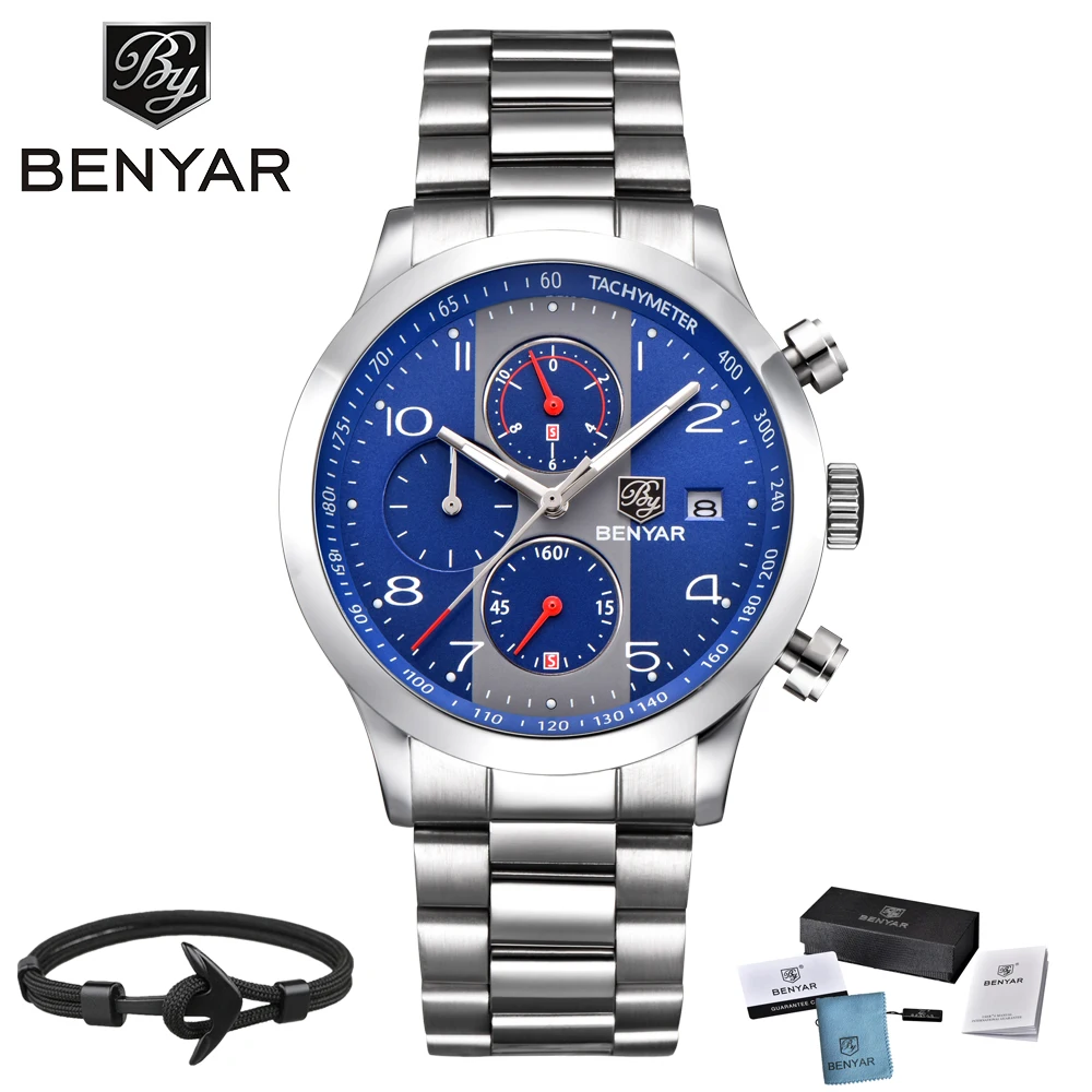 

2018 Benyar Top Luxury Brand Men Watches Chronograph Men Sports Watches Waterproof Full Steel Men Quartz Watch Relogio Masculino
