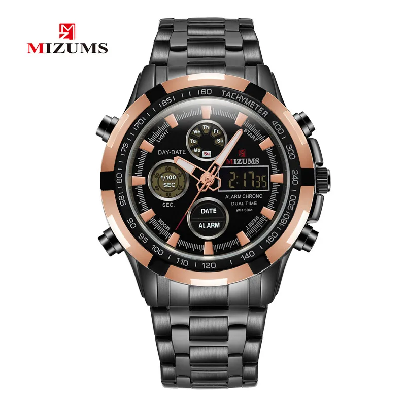 

MIZUMS Men Watch Gold Silver Black Quartz Analog Digital LED Steel Band Chronograph Sport Business Military Watches for Men