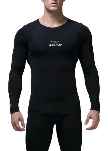 UABRAV мужская спортивная рубашка с длинными рукавами, быстросохнущая, одноцветная, круглый воротник, эластичная компрессионная рубашка, одежда для тренировок, фитнеса, трико - Цвет: black