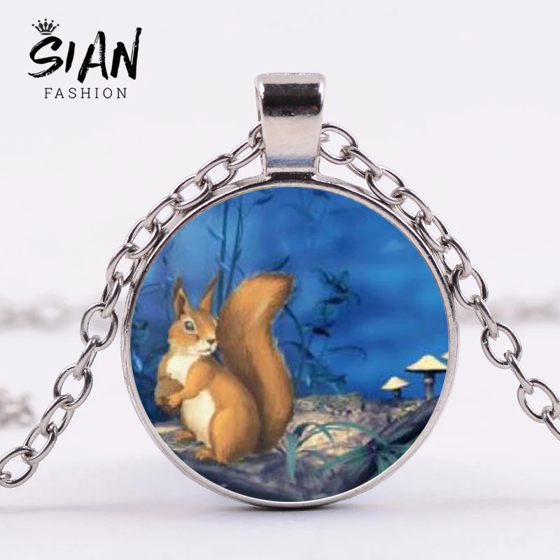 

SIAN Small Animal Squirrels Necklace Chipmunk Cartoon Print Handmade Glass Cabochon Pendant Necklace for Women Pet Lover Collars