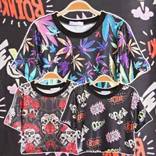 Япония молния улица Harajuku Стиль Джокер печати Половина укороченные футболка Женские топы