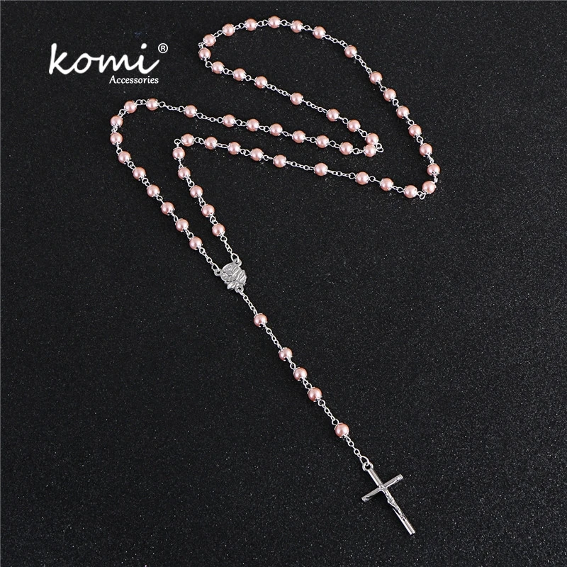 

KOMi New Design 6mm Pink Pearl Bead Handmade Rosary Cross Pendant Necklace Catholic Religion Jewelry Gift R-146
