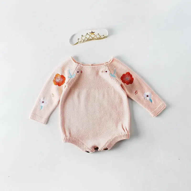 Baby Girls Knit Bodysuits Infant Newborn Floral Embroidery Long Sleeve One-Pieces Children Kids Outfits Clothing - Цвет: Pink