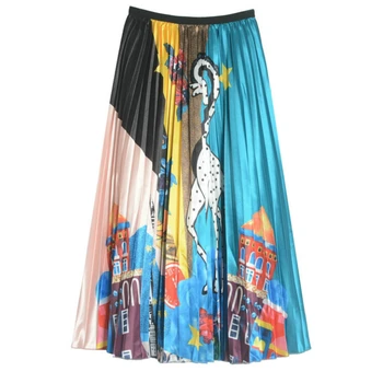 

Spring Landscape Printed Satin Long Skirts European Colorful Castle Painting Pleated A-line Maxi Long Skirt Blue Print Skirts