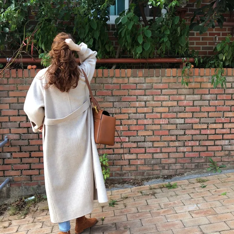Корейское зимнее пальто Харадзюку пальто свободного кроя с поясом и длинными рукавами женское повседневное элегантное однотонное приталенное пальто