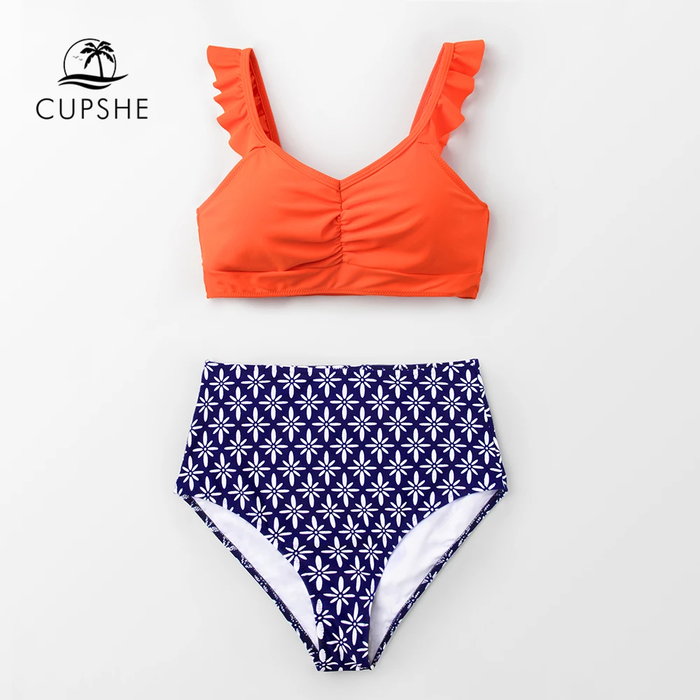 CUPSHE Tangerine Ruffled And High Waisted женские комплекты бикини милые две штуки купальники 2019