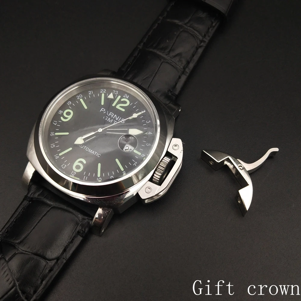 

GMT parnis wristwatch black dial movement automatic watch 44mm polished case