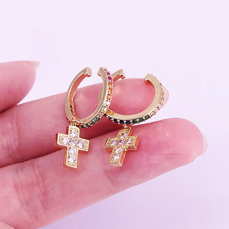 

6Pair Micro Pave Colorful CZ Round Gold Color Cross Shaped Dangle Earrings Zirconia Jewelry