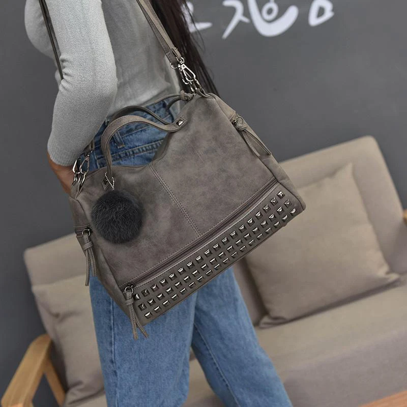 Women Shoulder Bag PU Leather Vintage Female Top-handle Bags Rivet Design Large Ladies Pompon Handbags Girls Bags Bolsa SS0344 (7)