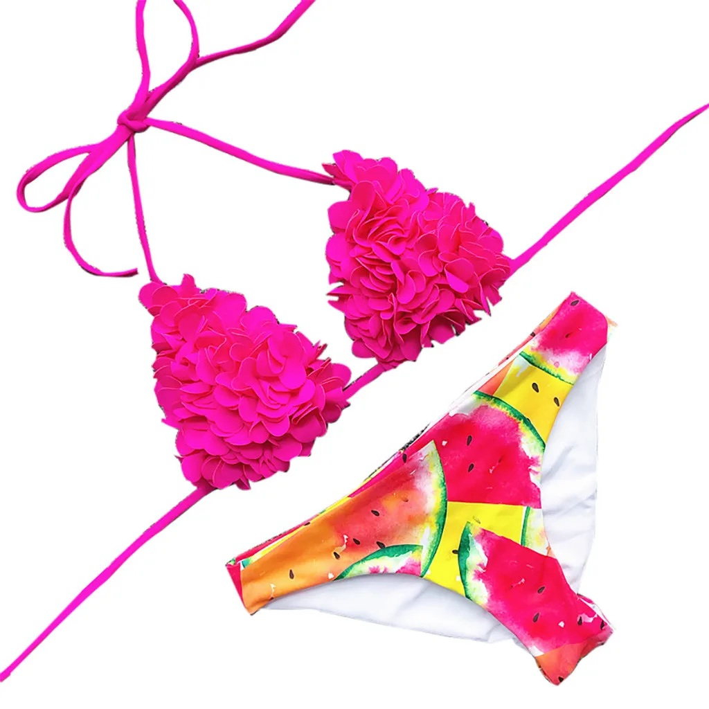 

2019 Printed Sexy Beach Bikini Set Thong Strappy Two-Pieces Swimwear Women Push Up Backless Flower Padded Tankini Low Swimsuit