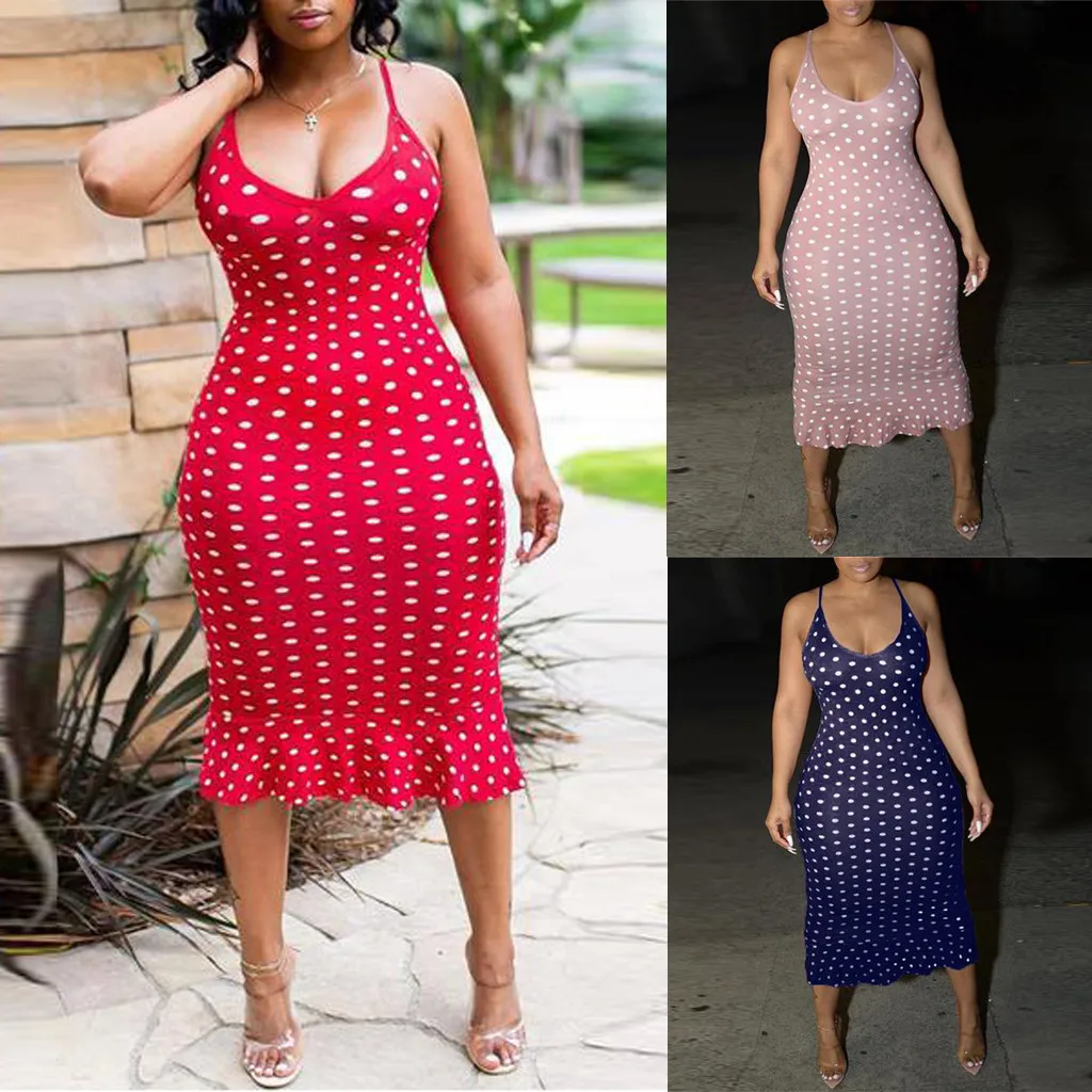 

Summer Plus Size Dress Women Sexy Dot Print O Neck Camisole Bodycon Club Party Mid-Calf Dresses 2019 Fashion 25