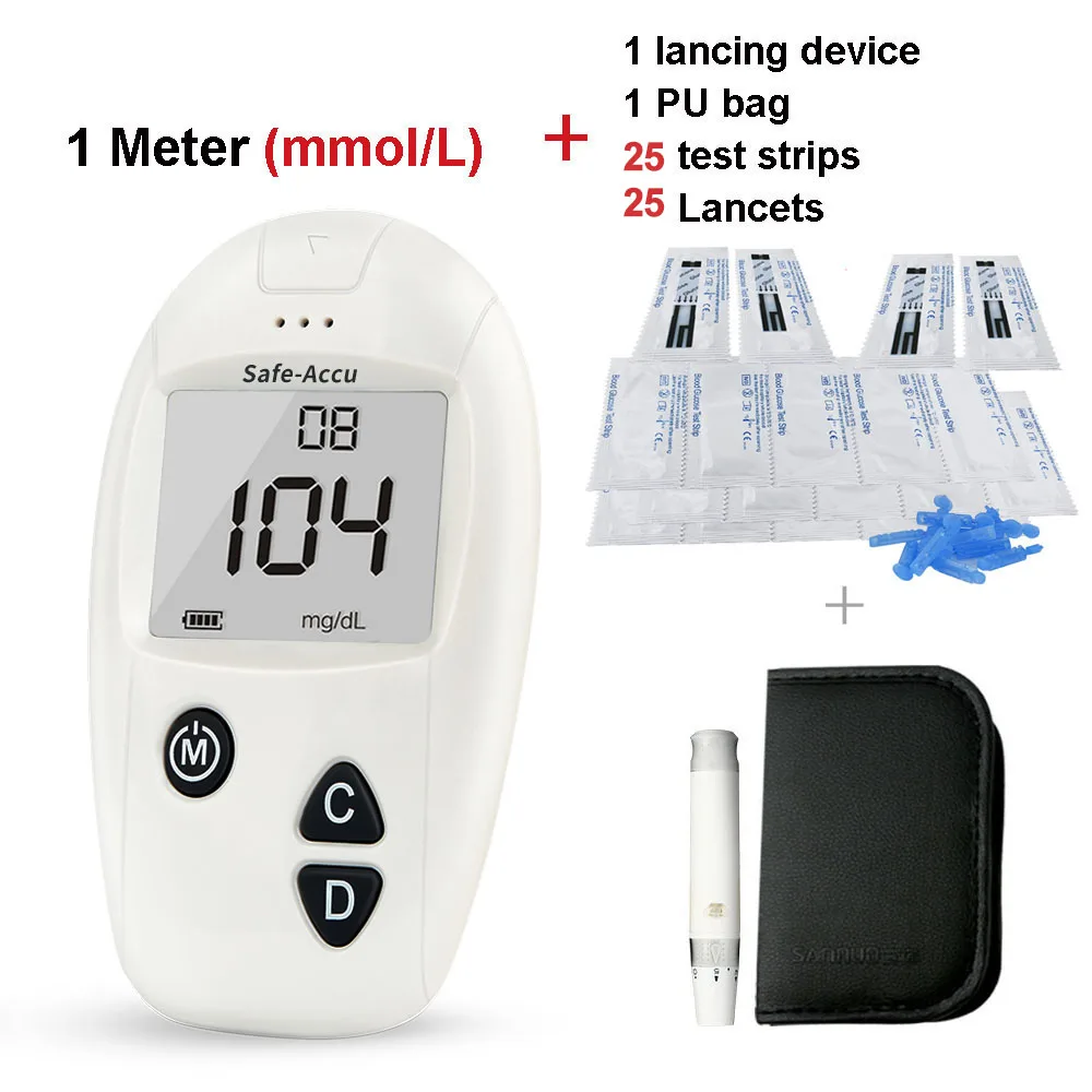 mmol L meter kit 25 Sinocare безопасный Accu CE глюокса в крови метр 25 разделенных тест-полосок Lancets комплект глюкометра медицинский прибор для сахарного диабета - Цвет: mmol L meter kit 25