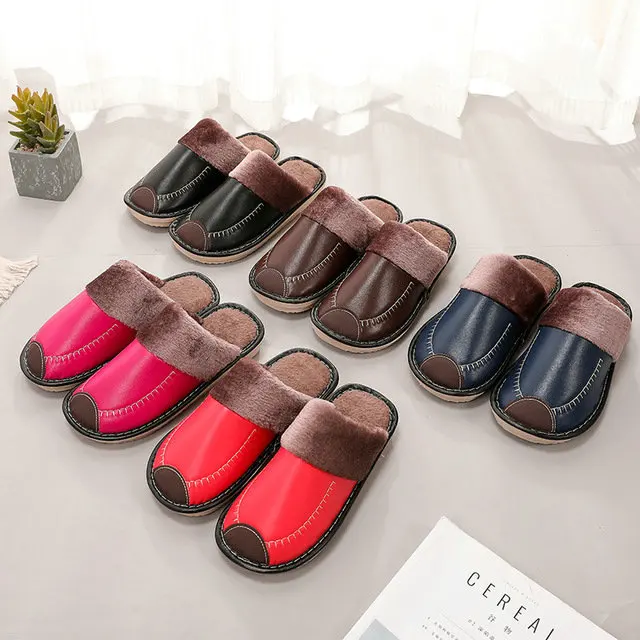 Leather Women Men Couples Home Slippers For Indoor House Bedroom Shoes Comfortable Plush Unsex Warm Mens Slippers Shoes (5)