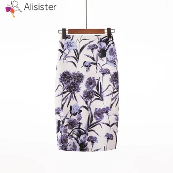 

2019 Summer New Elegant Pencil Skirt Women Full Floral Print High Waist Zipper Mid Length Skirts Female Tight OL Skirt