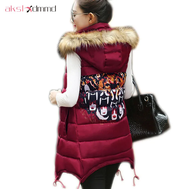 

AKSLXDMMD Parkas Back Printed Fur Hooded Padded Vest Coat Women 2019 New Autumn and Winter Plus Size Sleeveless Jacket LH994