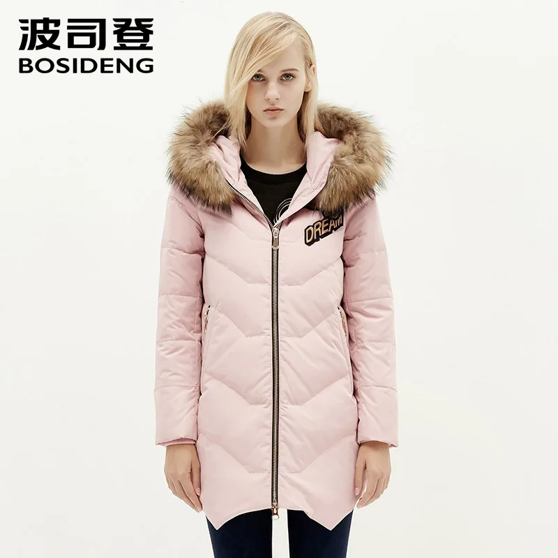 BOSIDENG new winter down jacket mid-long down coat real raccoon fur solid color thick warm parka asymmetric length B1501154