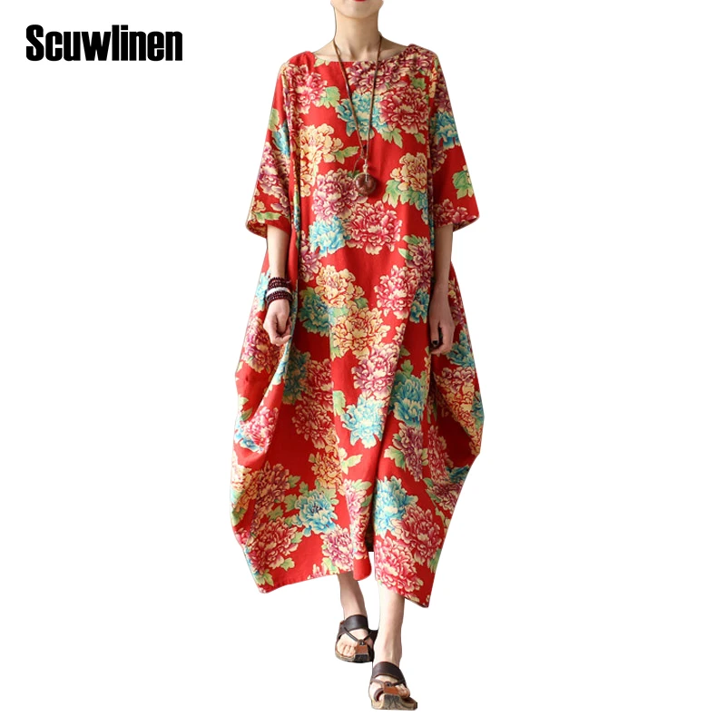 Buy Cheap SCUWLINEN 2017 Women Summer Dress Vintage National Trend Flower Prints Long Fluid Loose Plus Size Half Sleeve Casual Linen Robe