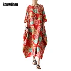 Save 25.28 on SCUWLINEN 2017 Women Summer Dress Vintage National Trend Flower Prints Long Fluid Loose Plus Size Half Sleeve Casual Linen Robe