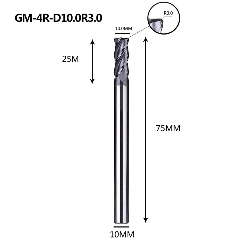 GM-4R Вольфрамовая сталь 4 флейты радиус с угловым покрытием Концевая фреза Фрезерный резак режущие инструменты для обработки металла профиль HRC45 - Длина режущей кромки: GM-4R-D10.0R3.0