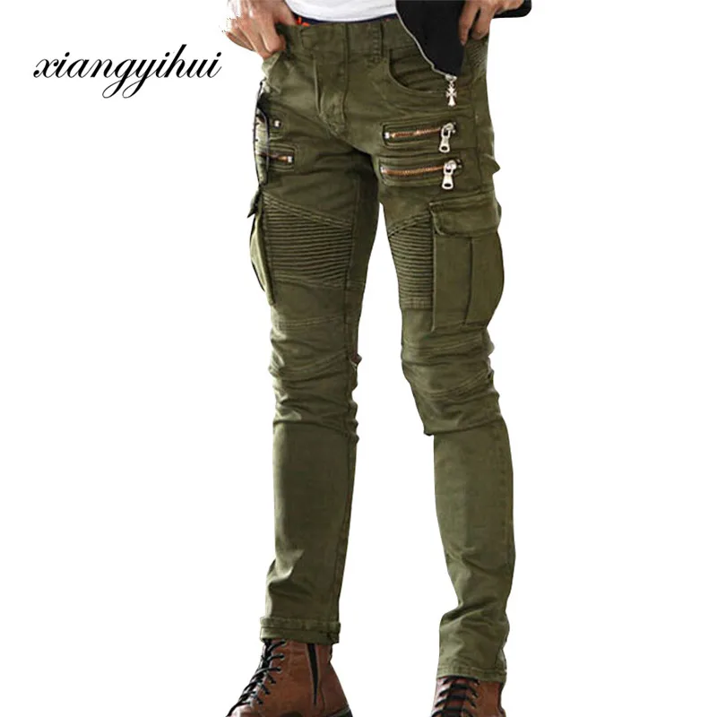 Army Green Black Mens Denim Biker Cargo Jeans Brand Men Stretch Skinny ...