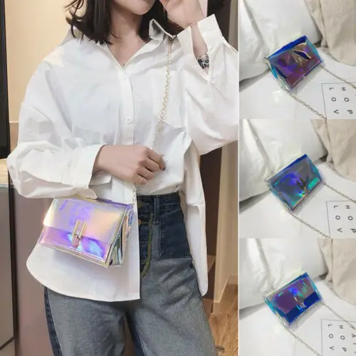 

NEW Ladies Laser Transparent Shoulder Bag Chian Case Tote Square Shape PU Leather Crossbody Bags Kawaii Pouch Travel Organizer