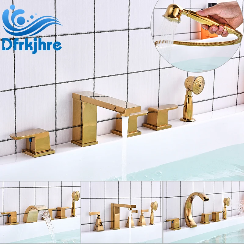 

5 Pcs bathroom Basin Faucet golden Deck Mounted washbasin Mixer Hot And Cold Water Faucet