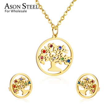 

ASONSTEEL Christmas Jewelry Sets Tree of Life Stainless Steel Colorful Cubic Zirconia Pendant Necklace Earring Sets Best Friend