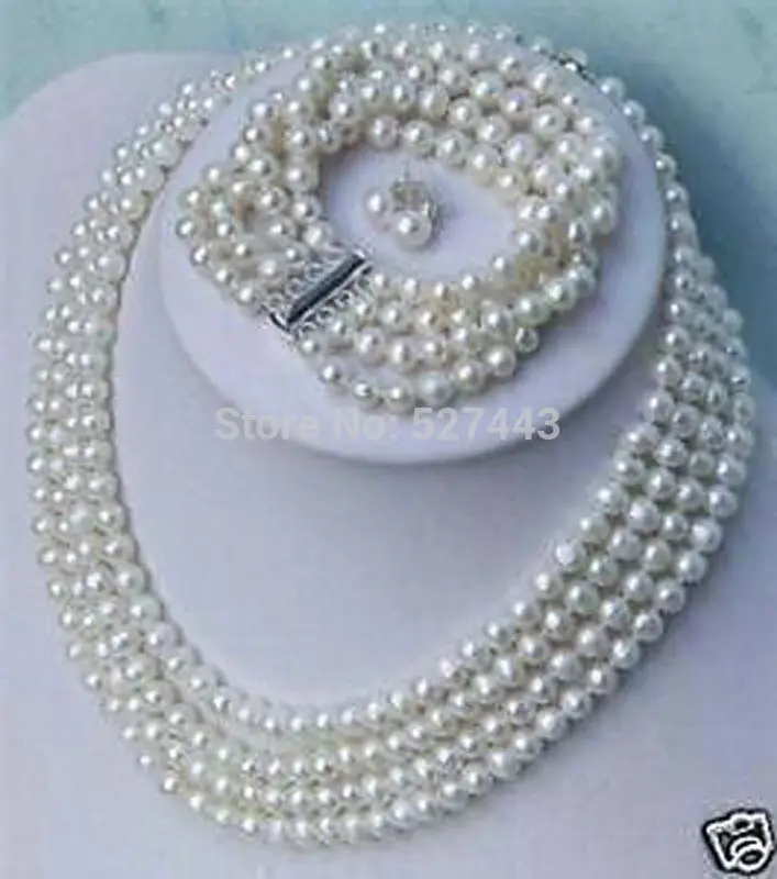 

Wholesale bridal jewelry 4 row 5-6mm white Cultured pearl earring necklace bracelet set (A0516)