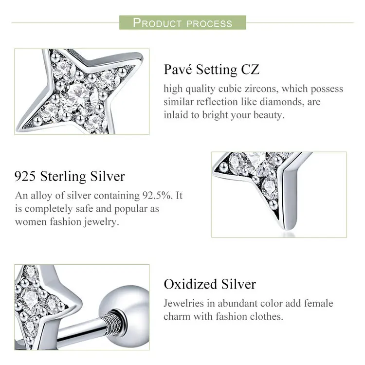 BAMOER 925 пробы серебряные сверкающие звезды метеор Светящиеся хрустальные серьги-гвоздики для женщин модные серебряные ювелирные изделия SCE432