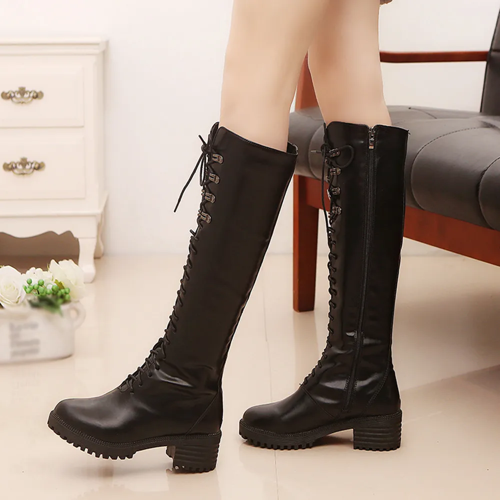

2020 Leather Boots Women Long Tube Winter Riding Boot Strappy Mid Heels Platforms Shoes Fashion Western Knight Botas Warm Fur