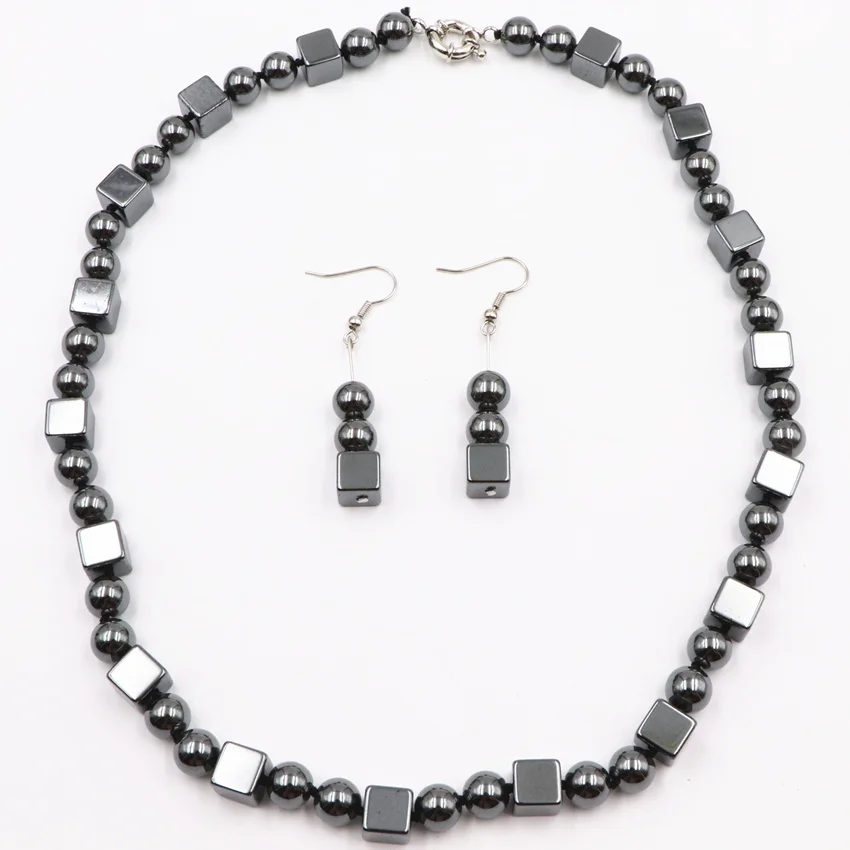 

Fashion Statement Jewelry Set for Women Natural Black Hematite Stone 6mm Beads Necklace Earrings Chain Dangle Jewellery 18inch