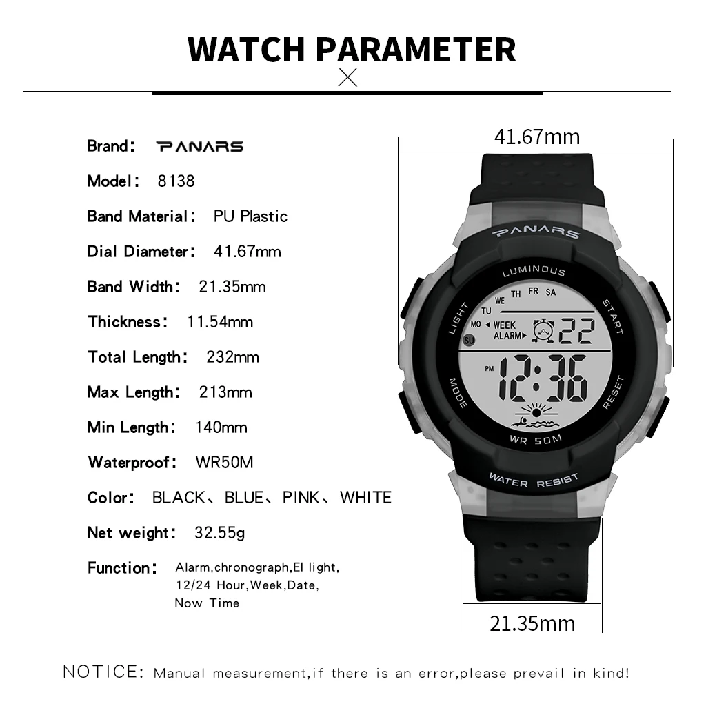 PANARS детские спортивные цифровые часы спортивные водонепроницаемые красочные светодиодный наручные часы многофункциональные дышащие студенческие часы
