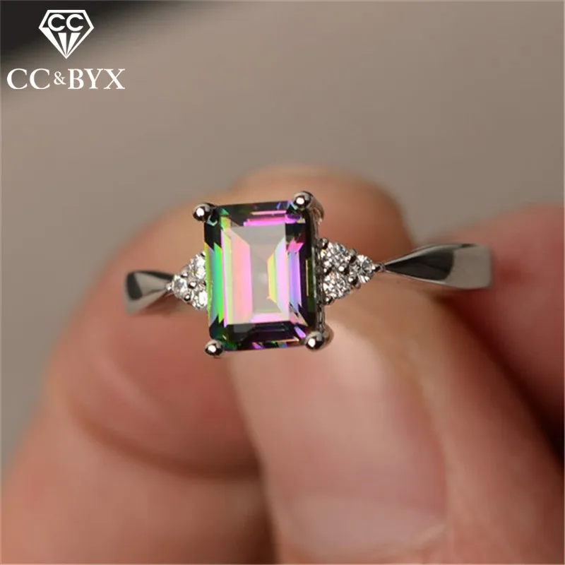 

CC Rings For Women 925 Sterling Silver Rainbow Mystic Colorful/Blue Cubic Zirconia Ring Square Stone Luxury Jewelry Anel CC1352