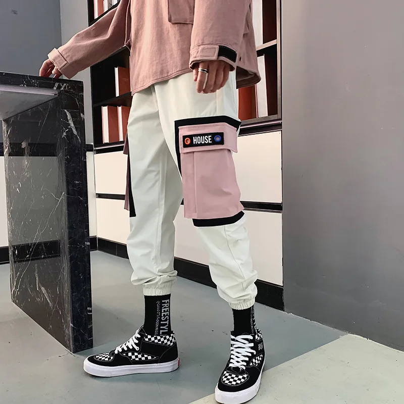 K226 pink white 2332 весенне-летние Джоггеры мужские цветные боковые большие карманы, набедренный хоп брюки японские уличные брюки карго свободные карандашный гаремный - Цвет: K226 pink white