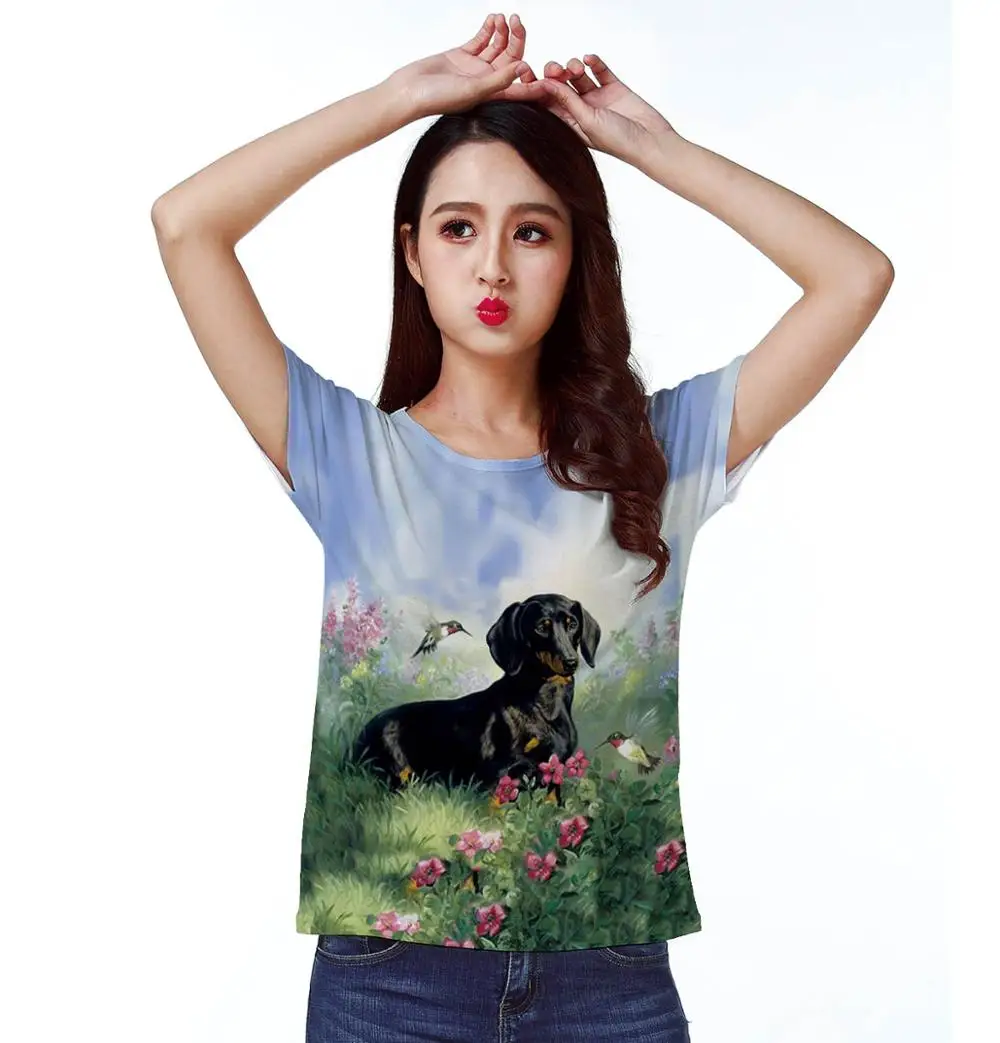 

T-shirt Top Tee In Spring Red Flower Field Black Dachshund Dog Hummingbird Bird 1100